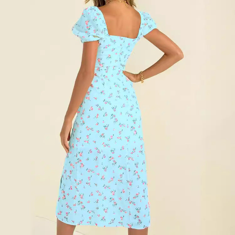 Robe midi florale pour femmes avec manches bouffantes et fente latérale Chic und Stil