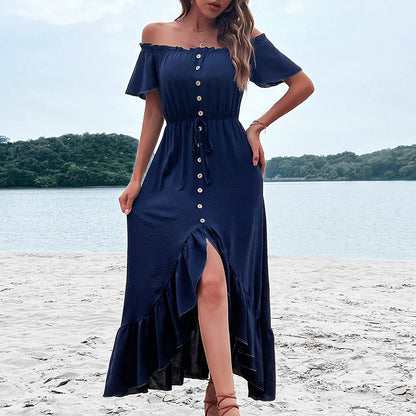 Robe maxi à encolure dénudée avec fermeture à boutons et bordure à volants Chic und Stil
