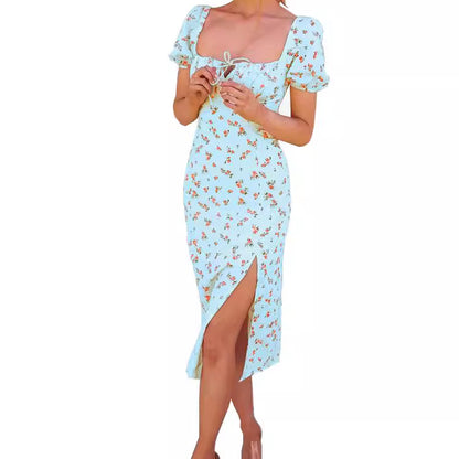 Robe midi florale pour femmes avec manches bouffantes et fente latérale Chic und Stil