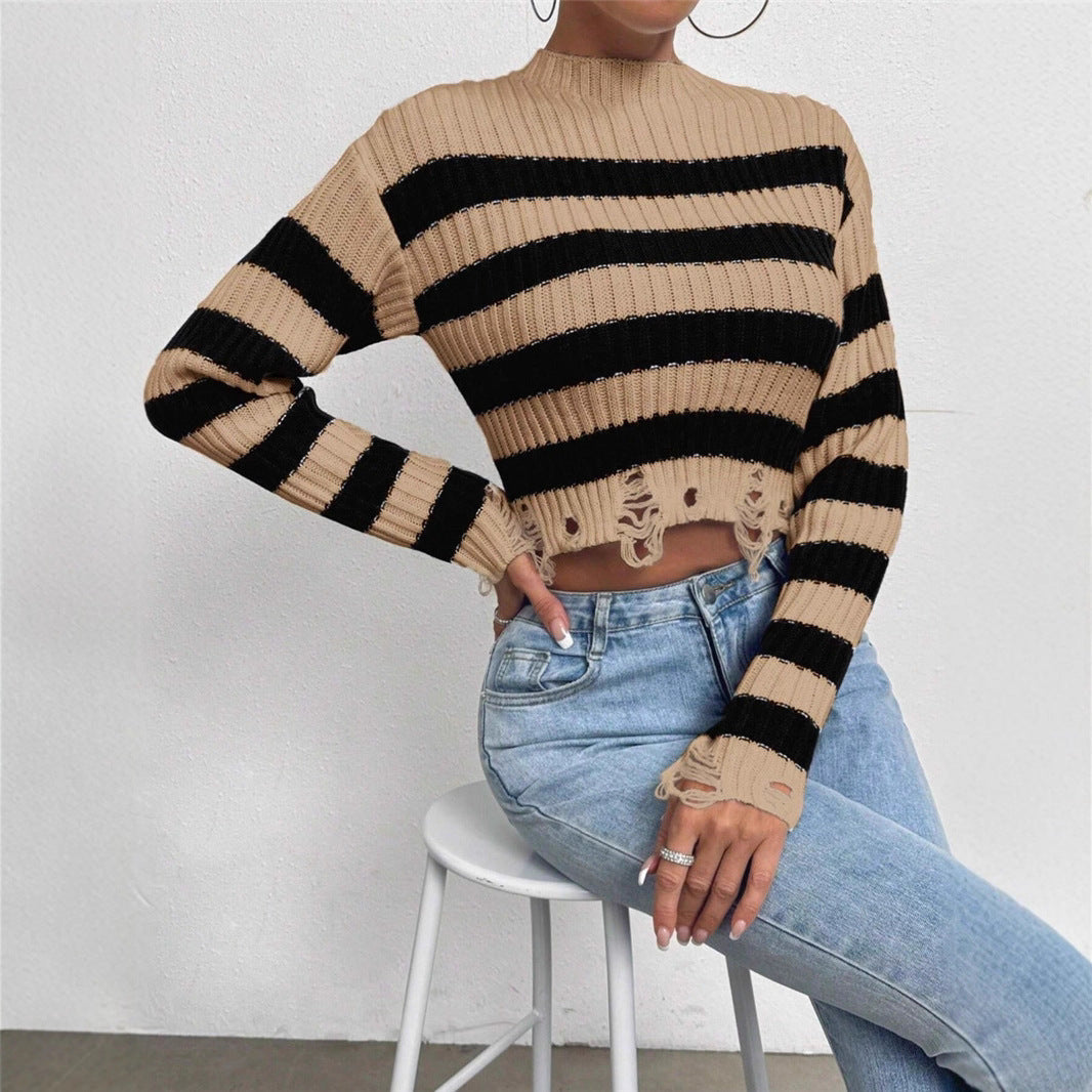 Dames Cropped Pull avec des rayures stylées et des détails usés Chic und Stil