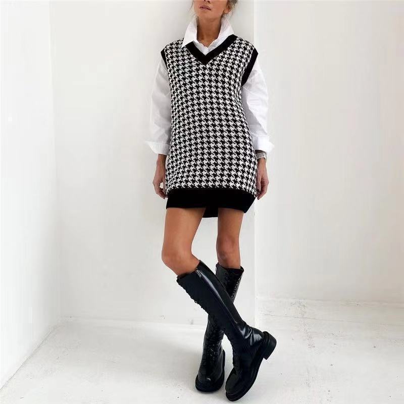 Robe sans manches en tricot pour femmes avec un motif pied-de-poule moderne Chic und Stil