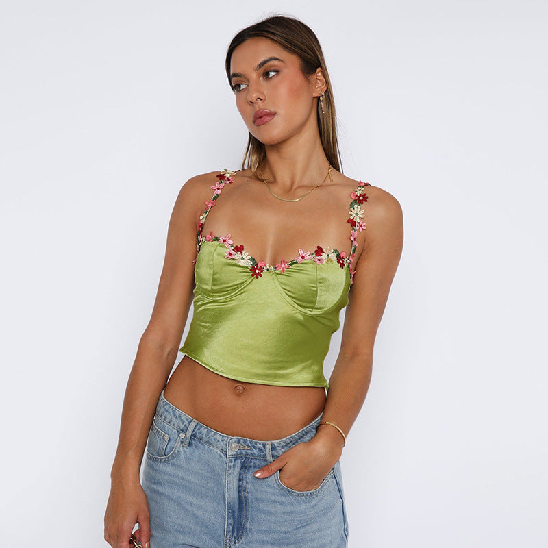 Dames Crop Top en Velours Floral Décoré Chic und Stil
