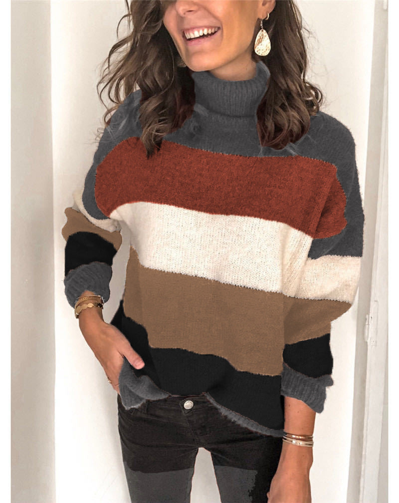 Pull en tricot tendance pour femmes avec col roulé décontracté et design à blocs de couleurs Chic und Stil