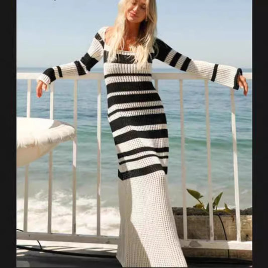 Robe maxi en tricot pour femmes avec un motif rayé à la mode et des manches élégantes Chic und Stil