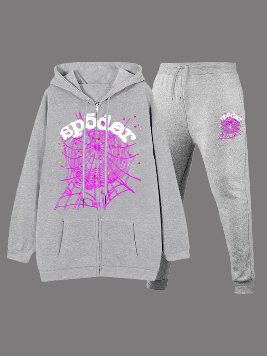 Ladies hoodie jacket and jogger pants with a unique spider web design Chic and Style