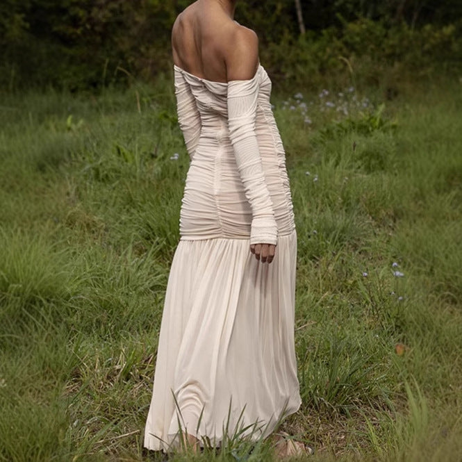 Dames Robe Maxi Élégant Off-Shoulder avec Design Cintré et Jupe Fluide Chic und Stil