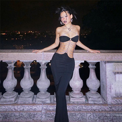 Dames Élégant Robe Maxi avec Accents de Chaînes et Coupe Slim Chic und Stil