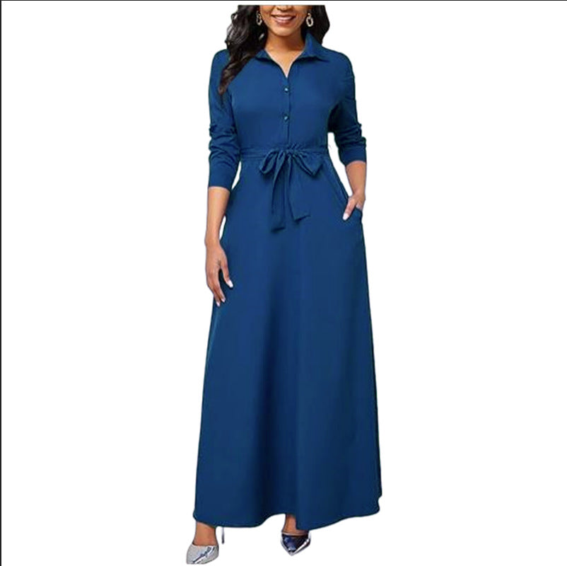 Robe maxi pour femmes avec col de chemise chic et ceinture à la taille Chic und Stil