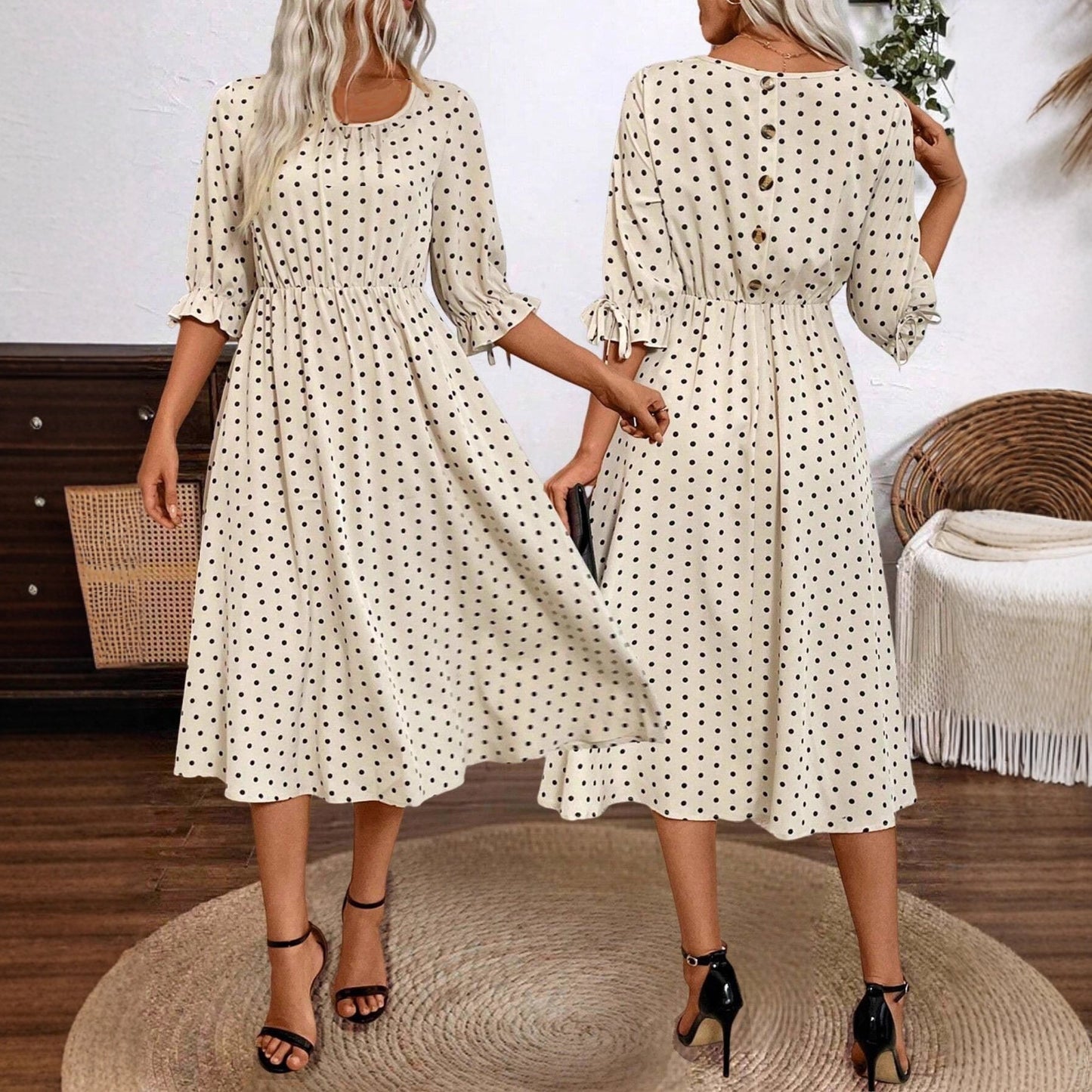 Robe midi femme avec des manches bouffantes décoratives et une taille élastique Chic und Stil