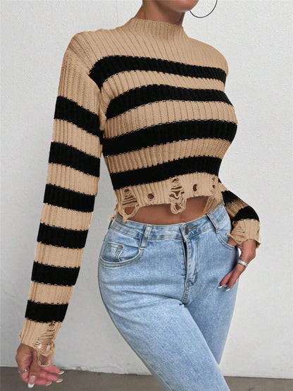 Dames Cropped Pull avec des rayures stylées et des détails usés Chic und Stil