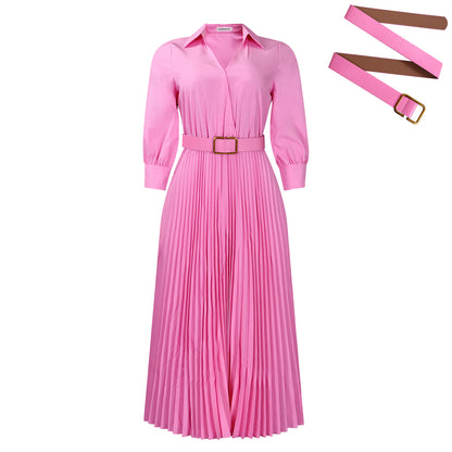 Dames Élégant et confortable robe plissée mi-longue avec ceinture Chic und Stil