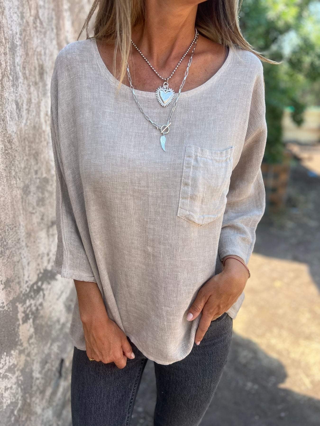 Dames haut en lin décontracté avec coupe ample et poche poitrine Chic und Stil