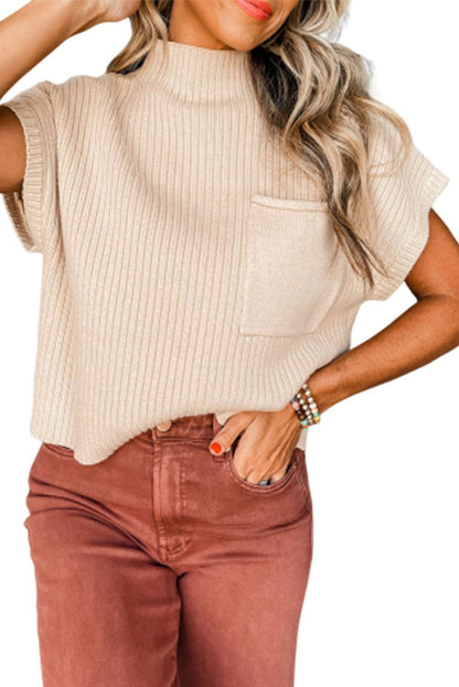 Dames décontracté pull à manches courtes avec col haut et poche plaquée Chic und Stil