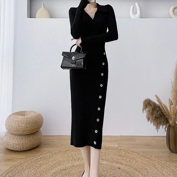 Robe en tricot à manches longues pour femmes avec un élégant détail de bouton et une silhouette cintrée Chic und Stil
