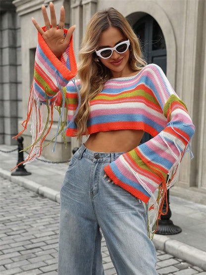 Dame Crop-top avec rayures colorées et manches frangées Chic und Stil