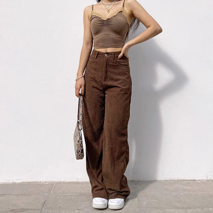 Wide corduroy pants for women with high waist and decorative side pockets Chic and Style