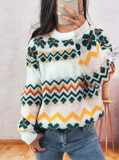 Dames gros tricot pull avec motif zigzag coloré et accents floraux Chic und Stil