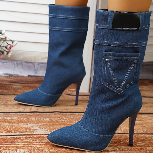 Bottes au-dessus du genou pour femmes en denim de haute qualité avec un talon élégant Chic und Stil