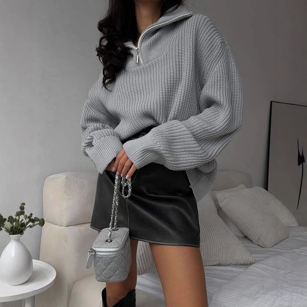 Pull en tricot surdimensionné pour femme avec col montant et fermeture éclair Chic und Stil