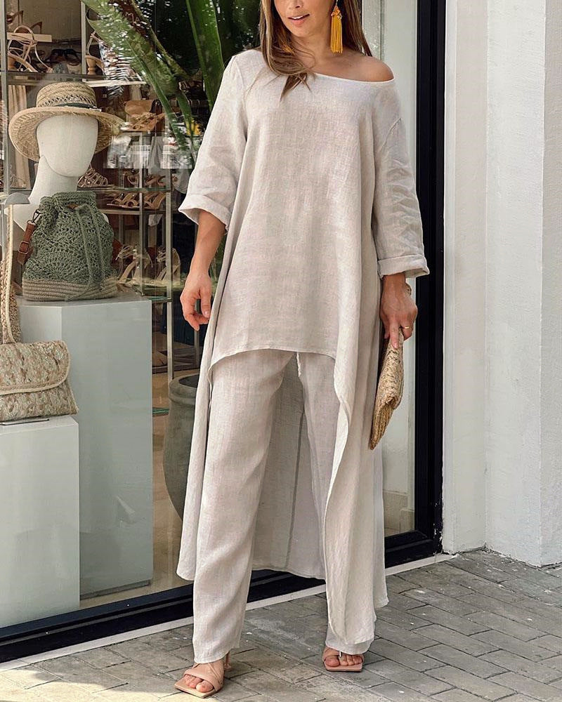 Asymmetrical elegant linen tunic set for women and Chic und Stil pants