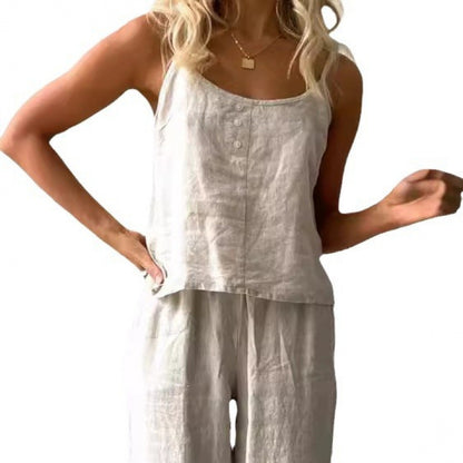 Casual linen set for women with strapless blouse and wide leg pants Chic and Style