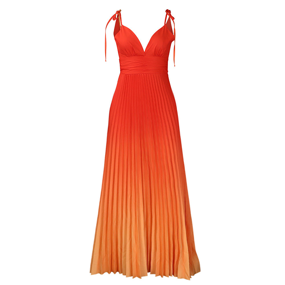 Robe maxi plissée pour femmes avec bretelles réglables et décolleté en V Chic und Stil