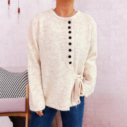 Dames Pull en V laine douillet avec ceinture élégante et détails de boutons modernes Chic und Stil