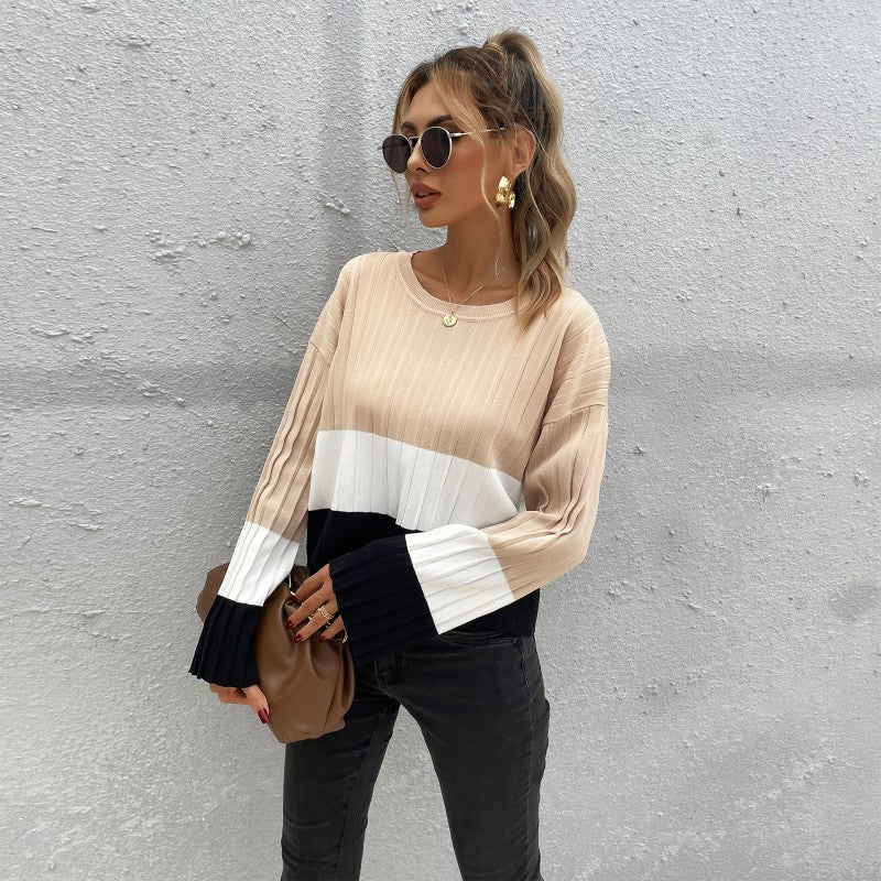 Pull en tricot à la mode pour femmes avec un design de blocs de couleurs harmonieux et des manches larges Chic und Stil