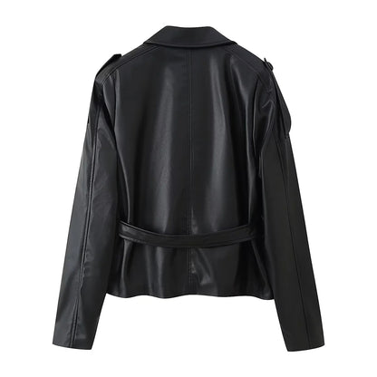Faux leather jacket for women with elegant button details and a chic belt design