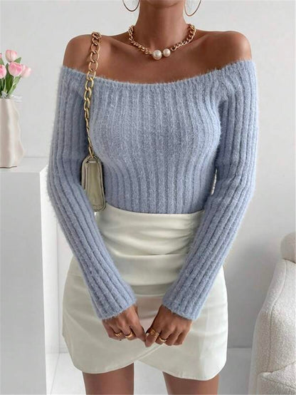 Dame Pull-over en maille off-shoulder avec structure en côtes fines et manches longues Chic und Stil