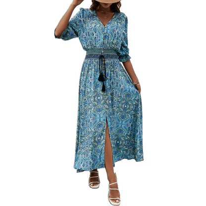 Dames Élégant Bouton-Up Maxi Robe avec Fente Latérale et Taille à Cordon Chic und Stil