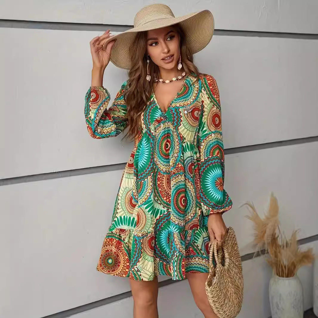 Dames Robe Mince Ludique avec Motif Coloré et Boutons Chic und Stil