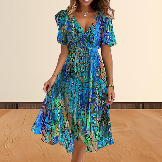 Dames Robe Maxi Élégante en A avec Manches Courtes Chic und Stil
