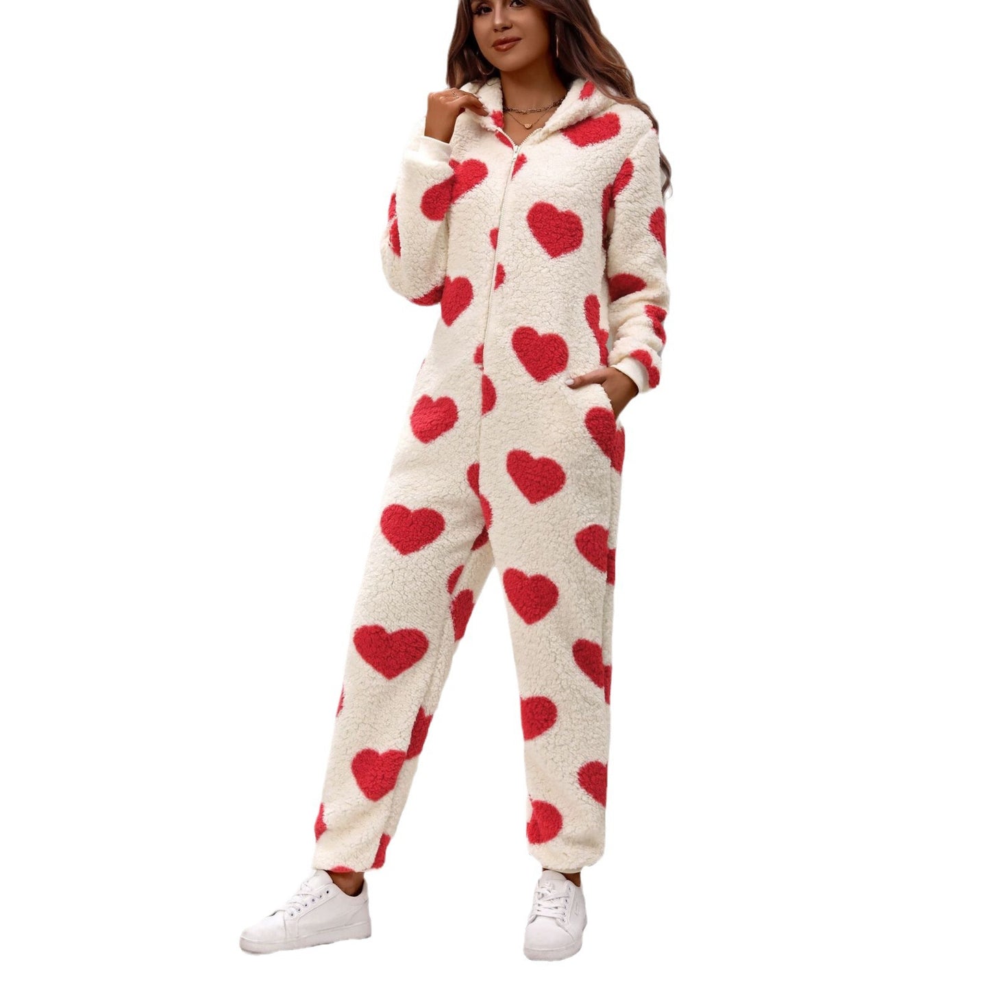 Ladies fleece set with hood and heart pattern Chic and Style