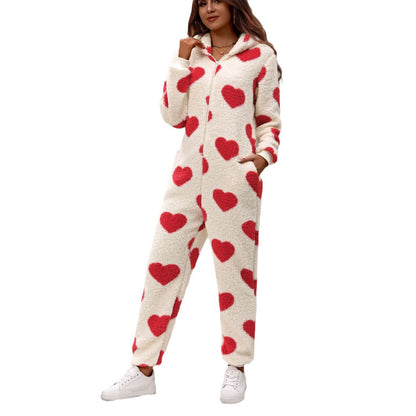 Ladies fleece set with hood and heart pattern Chic and Style