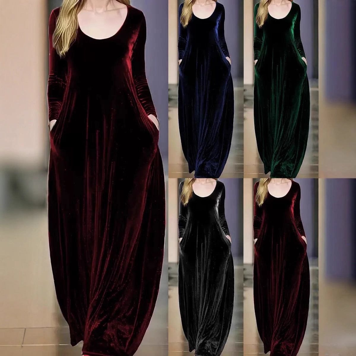 Robe maxi pour femmes en matériau velouté avec poches pratiques Chic und Stil