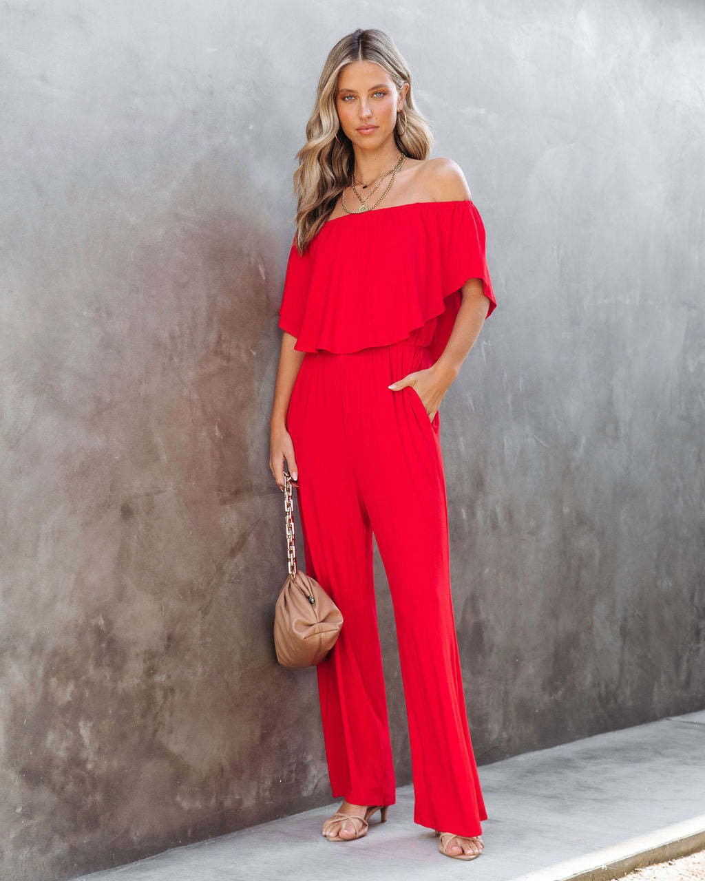 Combinaison off-shoulder pour femmes avec jambes larges et taille élastique Chic und Stil