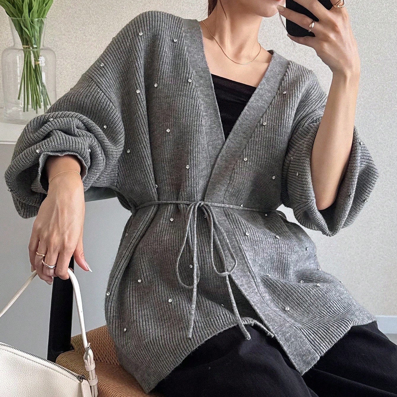 Dames Élégant Cardigan en Tricot avec Accent de Perles Chic und Stil
