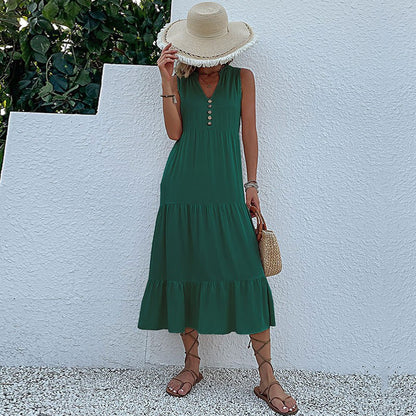 Robe maxi sans manches à volants pour femmes avec détail bouton Chic und Stil