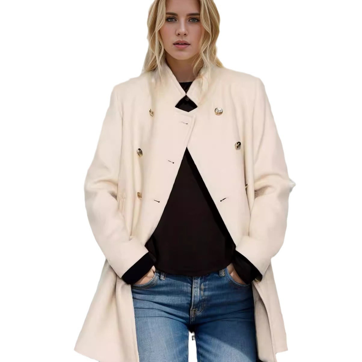 Fashionable short coat for women with double-breasted buttons and elegant high collar Chic und Stil