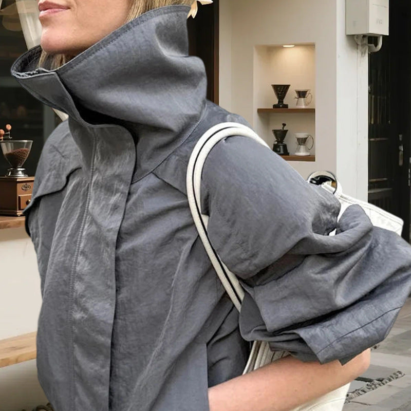 Ladies Lightweight Utility Jacket with High Collar and Chic Relaxed Fit