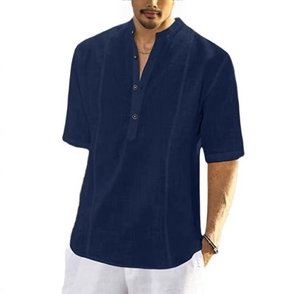 Chemise en lin à manches courtes pour hommes avec col montant et patte de boutonnage Chic und Stil