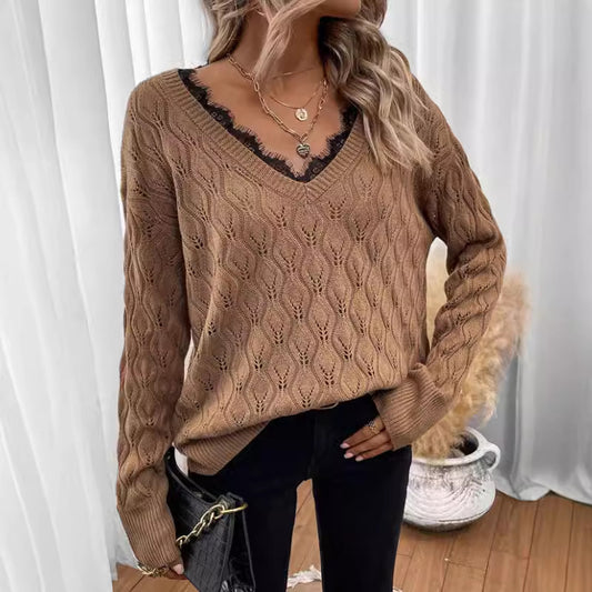 Pull en tricot pour femmes avec décolleté en V élégant et fine structure en dentelle Chic und Stil