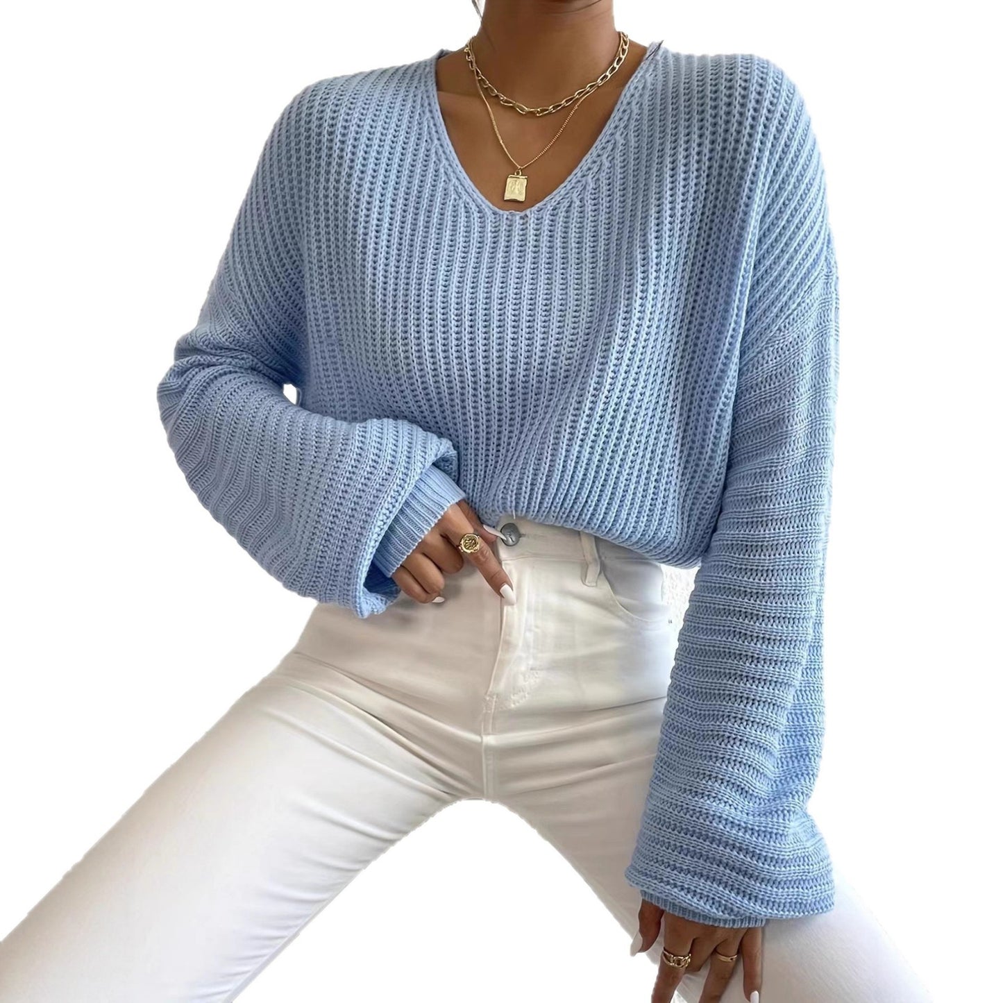 Pull structuré pour femmes avec décolleté en V et manches larges Chic und Stil