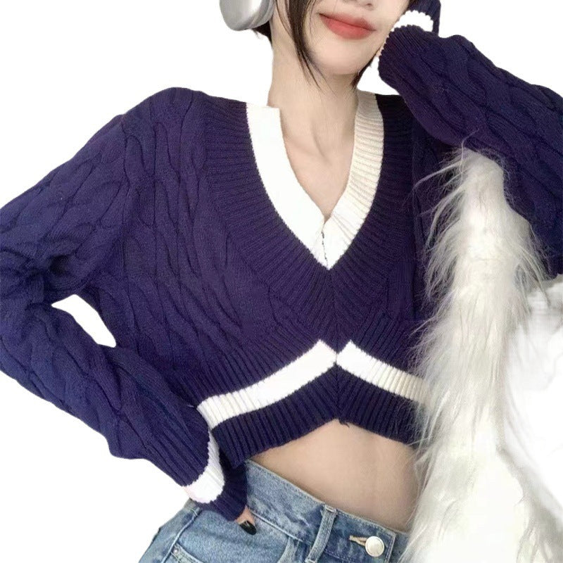 Dames pull cropped stylé avec décolleté en V et motif en losange Chic und Stil