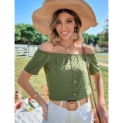 Blouse Femme Off-Shoulder avec Détails de Bouton et Décolleté à Volants Chic und Stil