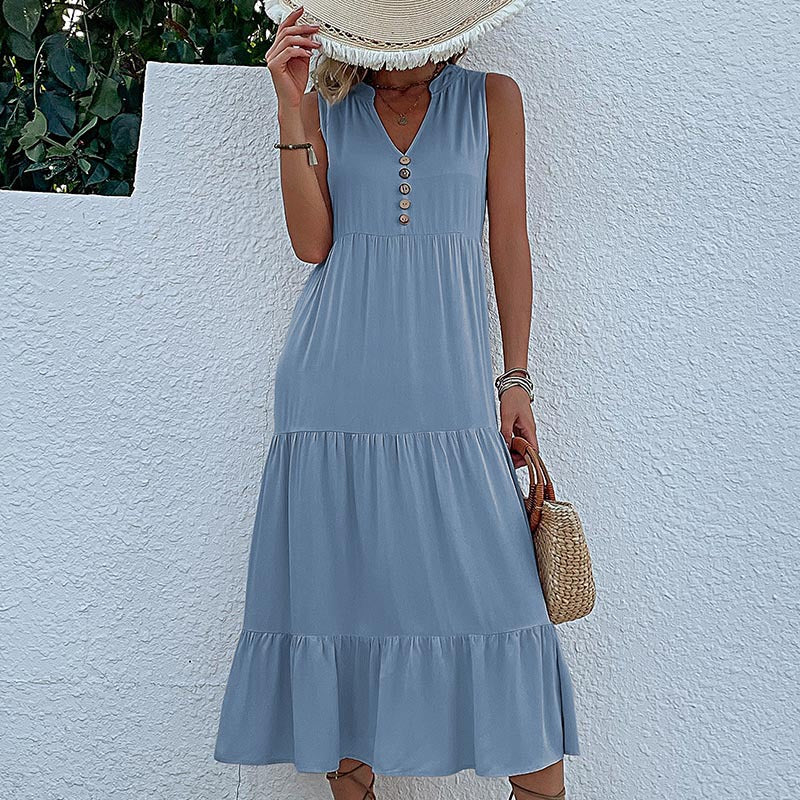 Robe maxi sans manches à volants pour femmes avec détail bouton Chic und Stil