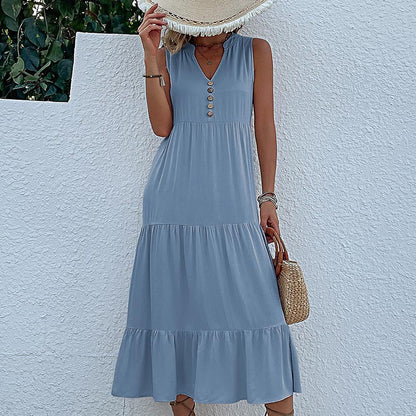 Robe maxi sans manches à volants pour femmes avec détail bouton Chic und Stil
