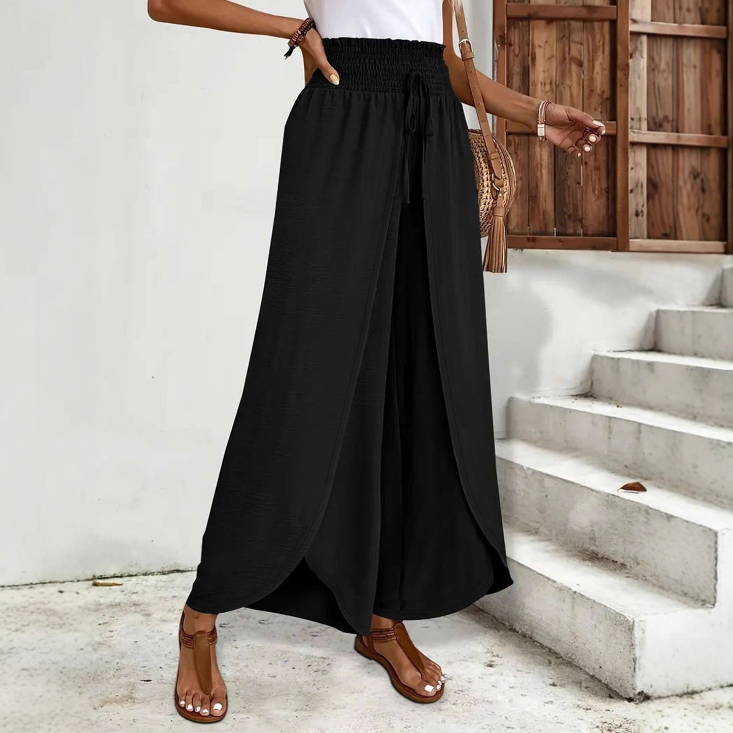High-waisted wide pants for women with side slits Chic and Style