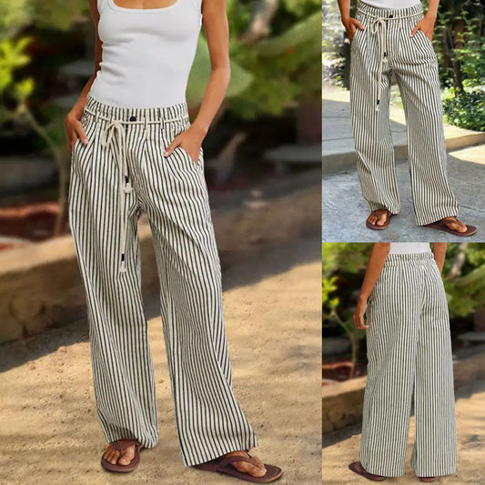 Casual wide striped pants for women with elastic waistband and tie belt Chic and Style